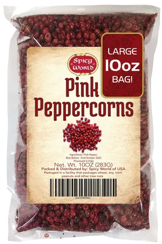 Spicy World Granos de pimienta rosa de 10 onzas, sabor exquisito, pimienta entera de primera calidad, esterilizado al vapor, sin OMG, perfecto para