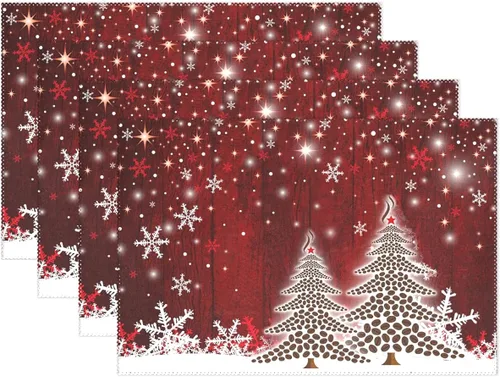 Miniatura 9 de Juego de 4 manteles individuales con diseño de árbol de Navidad, diseño de árbol de Navidad, resistentes al calor, manteles individuales lavables
