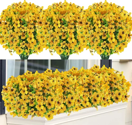 Miniatura 16 de GREENRAIN 6 paquetes de flores artificiales resistentes a los rayos UV, plantas falsas para exteriores, flores de plástico sintético para jardín