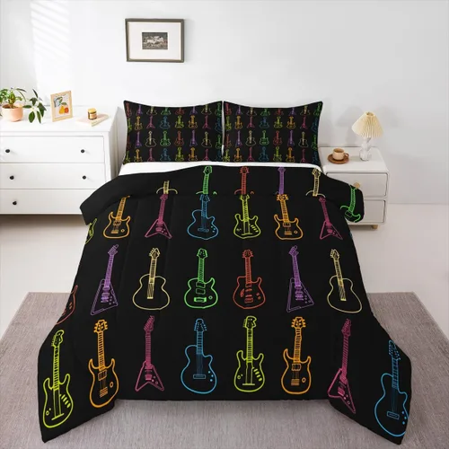 Miniatura 24 de Juego de ropa de cama de guitarra, tamaño individual para niños y niñas, juego de edredón con teclados de piano, temática musical, inserto