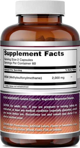 Miniatura 5 de Amazing Formulas MSM (metilsulfonilmetano), suplemento de 2000 mg por porción, cápsulas, sin OMG, sin gluten, fabricado en Estados Unidos