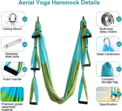 Miniatura 2 de Juego de hamaca aérea de yoga con 2 correas de extensiones y kit de montaje en techo, equipo para colgar inversión de yoga Azul y Verde