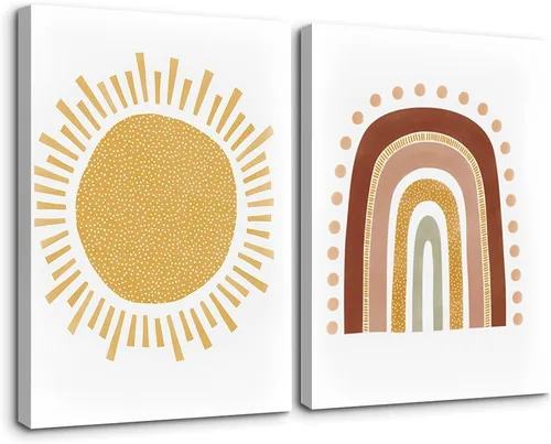 Miniatura 8 de LUHDFYS Arte de pared bohemio para cuarto de bebé, impresión de lienzo grande de ensueño, póster inspirador de nube de sol arcoíris, lienzo envuelto