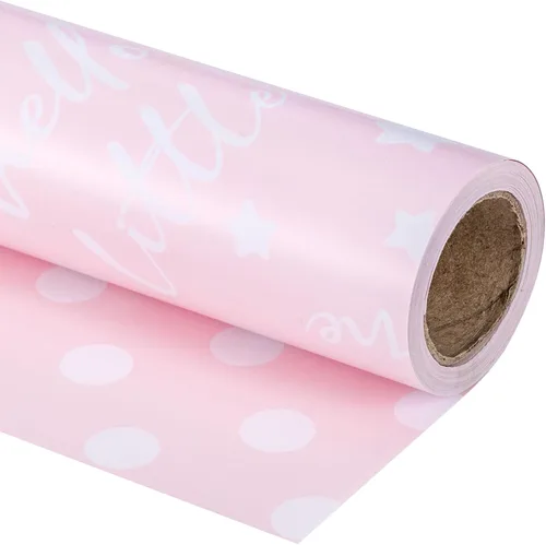 RUSPEPA - Rollo de papel de regalo reversible - Mini rollo - Patrón rosa para niña, ideal para baby shower, cumpleaños, fiesta - 17.5 pulgadas x