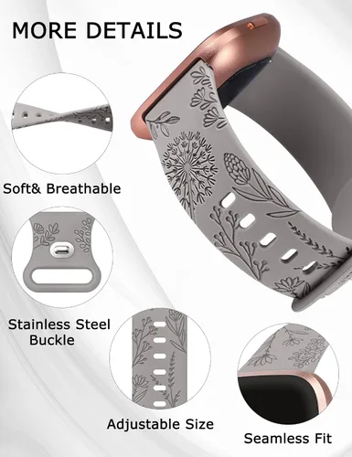 Miniatura 4 de Minyee Paquete de 3 correas grabadas florales compatibles con Fitbit Versa 2/Versa Lite, silicona suave, patrón de flor de diente de león, correa