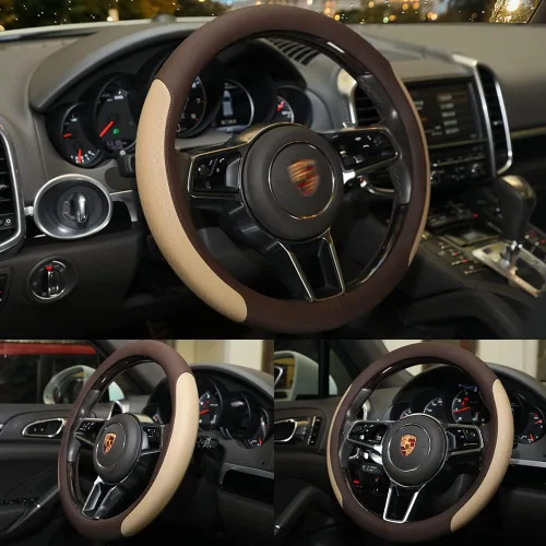 Miniatura 3 de Funda para Volante, Costura de Cuero de Microfibra con Grabado Clásico, Funda Antideslizante de Volante de Auto de Colores Contrastantes, Café