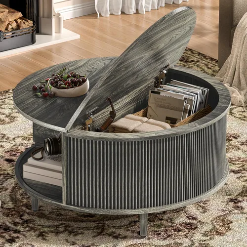 Miniatura 12 de Mesa auxiliar redonda, mesa central acanalada de 31.5 pulgadas con almacenamiento, mesa de centro elevable con almohadillas ajustables, puerta