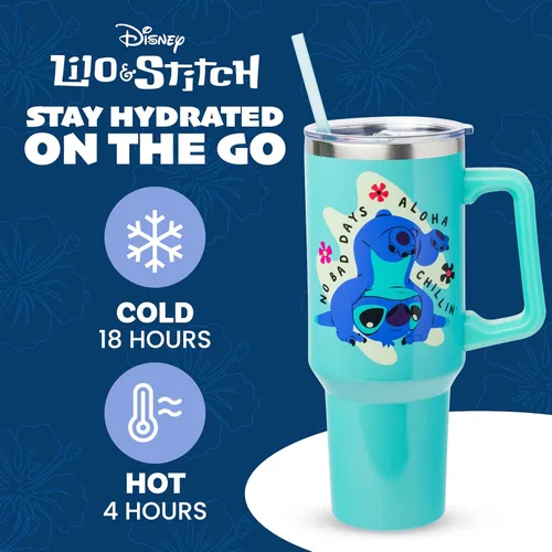 Miniatura 2 de Silver Buffalo Disney Lilo and Stitch Aloha - Vaso de acero inoxidable de doble pared con asa y pajilla, se adapta al portavasos estándar, 40 onzas