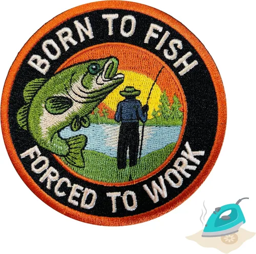 Parche termoadhesivo Born to Fish Forced to Work Meme | Divertido aplique bordado de pesca moral, tamaño de 3.5 pulgadas, parches para coser y