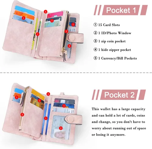 Miniatura 3 de Billeteras con bloqueo RFID para mujer, de gran capacidad, de cuero suave, cartera pequeña con correa para la muñeca, Rosado, Casual