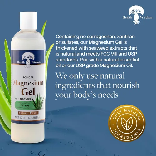 Miniatura 3 de Health and Wisdom Gel de magnesio puro con extracto de algas marinas y aloe vera, alivio tópico muscular y articular, hidratante natural y pura