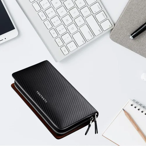 Miniatura 2 de VANNANBA Carteras de mano con doble cremallera de cuero grande cartera larga de negocios cartera de mano para teléfono regalo para padre hijo marido