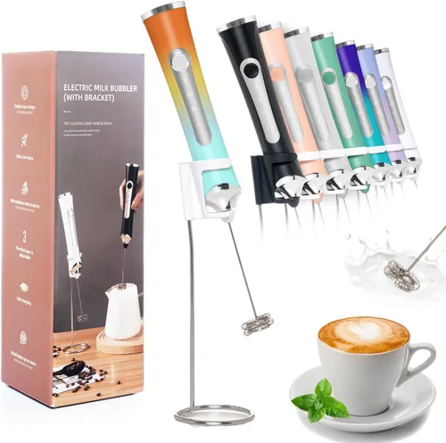 Miniatura 10 de Espumador de leche recargable de mano para café, varita espumadora de 3 velocidades con soporte, Batidora De Mano Electrica, Espumador de café con 2