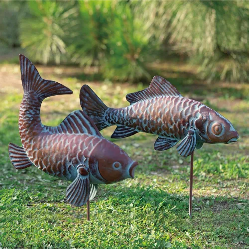 Juego de 2 esculturas de peces Koi para exteriores, estatua de jardín, estanque, peces, patio, esculturas y estatuas de Koi de cobre antiguo,