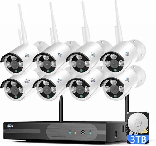 Hiseeu Sistema de cámara de seguridad para el hogar 4K, grabación 24/7, kit NVR de 16 canales, 8 cámaras WiFi inalámbricas para exteriores de 8 MP,