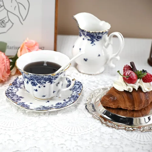 Miniatura 6 de Bone China - Juego de taza de té y platillo, 3 piezas, estilo vintage, juego de taza de té y platillo para mujeres y fiestas de té, caja de regalo