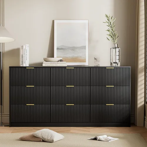Miniatura 6 de Furniway - Cómoda color negro para habitación, moderna, 9 cajones y deslizadores suaves, cómoda ancha con jaladeras doradas para sala o armario