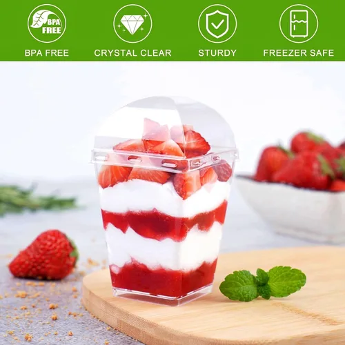 Miniatura 3 de Zezzxu Paquete de 100 Tazas de Postre de 5 oz con Tapas de Cúpula y Cucharas, Tazas de Pudín de Plástico con Tapas Mini Tazas de Parfait Shooter