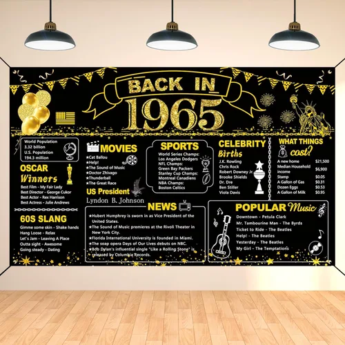 DARUNAXY Decoración de fiesta de 61 cumpleaños negro y dorado, cartel de "Back in 1965" para fiesta de cumpleaños de 61 años, suministros de póster