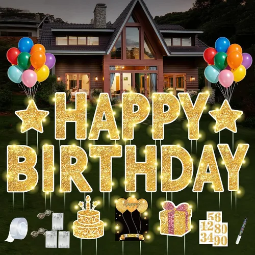 Miniatura 11 de Letrero de feliz cumpleaños con estacas, 18 piezas de letrero negro de feliz cumpleaños con luz LED de 49.2 pies, letrero grande personalizado
