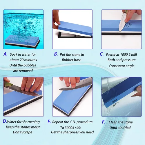 Miniatura 7 de Whetstone - Juego de afilador de piedra de agua de alta calidad, grano 1000/3000, afilador de cuchillos perfeccional, juegos de piedra húmeda