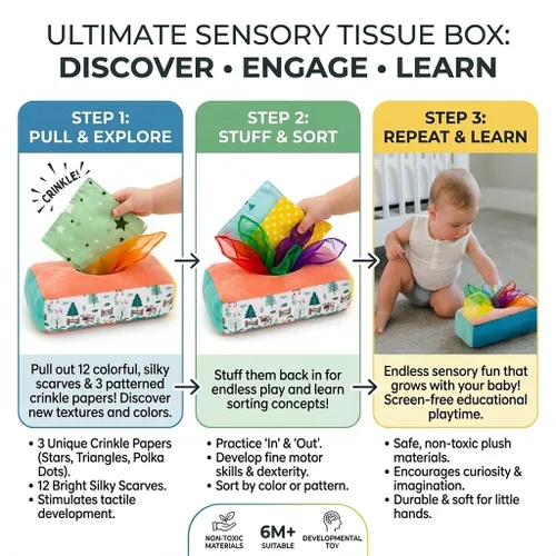 Miniatura 6 de Caja de pañuelos para bebé, juego Montessori para bebés y niños pequeños, caja texturizada sensorial con 12 bufandas coloridas a juego y 3 piezas