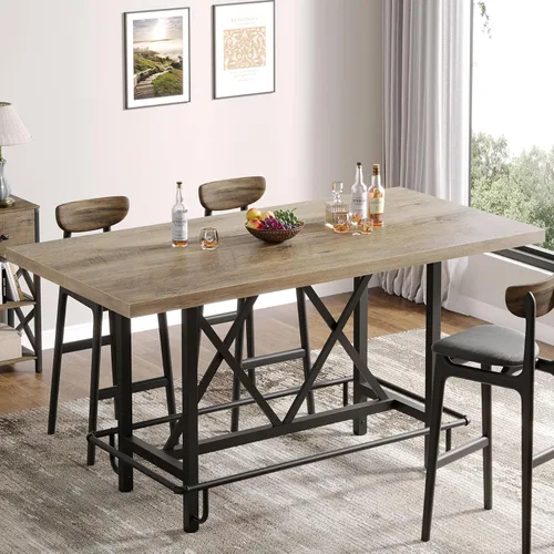 Miniatura 10 de Tribesigns Mesa de bar, mesa de pub industrial de altura de mostrador con reposapiés de metal, mesa de comedor rectangular de madera de 63 pulgadas