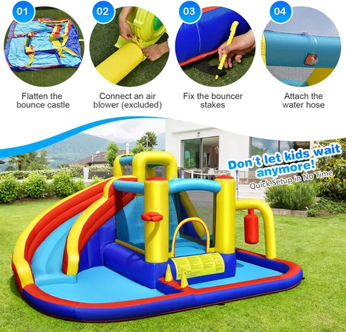 Miniatura 6 de HONEY JOY Tobogán acuático inflable, parque acuático inflable gigante 7 en 1 para niños pequeños con piscina de salpicaduras, casa de rebote de agua