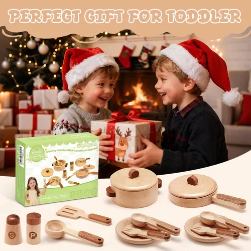 Miniatura 6 de WHOHOLL Accesorios de cocina de madera, juguetes de simulación, ollas y sartenes, juego de cocina para niños pequeños de 3, 4, 5, 6, juego de cocina