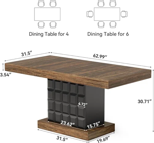 Miniatura 2 de LITTLE TREE Mesa de comedor moderna de 63 pulgadas, mesa rectangular para 4-6, mesa de cocina de granja, base de pedestal de madera resistente
