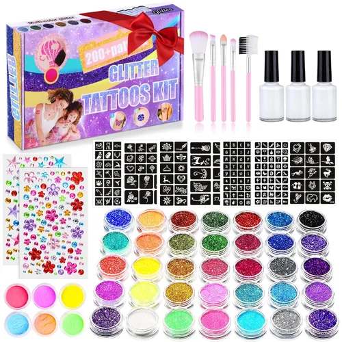 Kit de tatuaje temporal con purpurina 492 para niños, 41 colores de purpurina en polvo, 215 diamantes de imitación, 204 plantillas, 24 polvos de