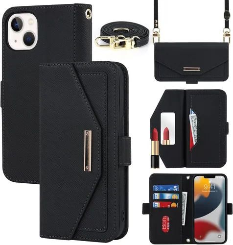 Funda tipo cartera cruzada para iPhone 14 Plus con correa de cordón ajustable, soporte para tarjetas de crédito de 6.7 pulgadas, bolso de piel Negro