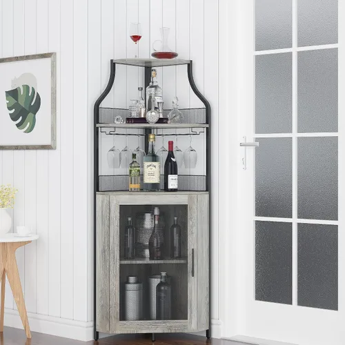 Miniatura 3 de GAOMON Armario esquinero para bar de vinos con estante desmontable para vinos, armario de bar con soporte para vidrio, aparador pequeño y gabinete