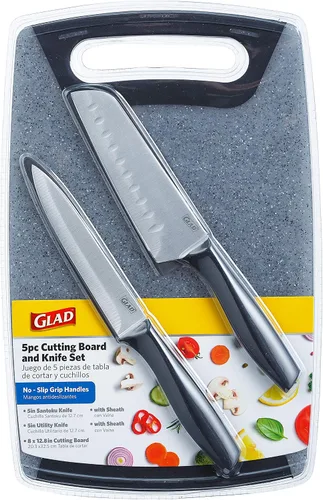 Miniatura 8 de Glad Juego de cuchillos con tabla de cortar, 5 piezas Cuchillos Santoku afilados y utilitarios con cubiertas de cuchillas y bloque de cortar