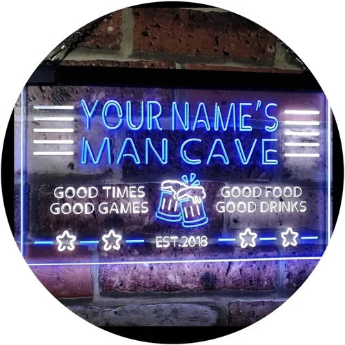 ADVPRO Nombre personalizado Hombre Cueva Home Bar Est. Year Letrero de neón LED de doble color, blanco y azul, 16 x 12 pulgadas st6s43-x0012a-tm-wb