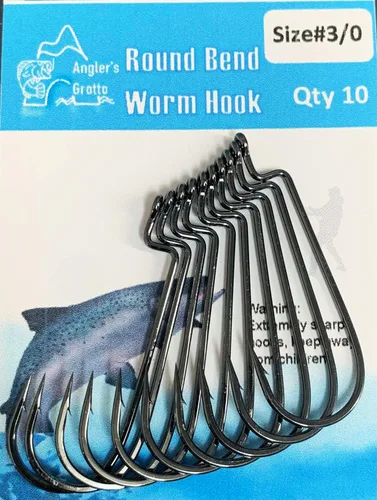 Angler's Grotto Gancho de gusano curvado redondo con vástago desplazado | 10/25 unidades por paquete | Anzuelos de pesca de agua dulce y salada |