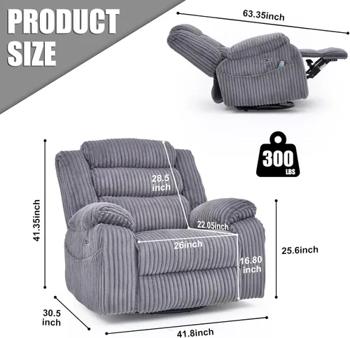 Miniatura 3 de SINCRUMI Silla Mecedora Reclinable con Respaldo y Masaje para Adultos con Calentamiento, Puerto de Carga USB y Tipo-C, Posición Infinita, Sillas
