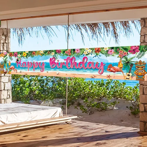 Miniatura 7 de Hawaiian Luau - Cartel de decoración de fiesta de cumpleaños, suministros de letrero de cumpleaños de flamenco tropical Aloha, fondo de fiesta Luau