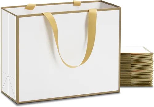 Miniatura 9 de Bolsas de regalo blancas y negras de tamaño mediano, 10 unidades de 8 x 4.25 x 10.5 pulgadas, papel kraft biodegradable, asas de cinta, perfectas