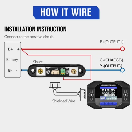Miniatura 6 de ATEM POWER Monitor de batería de 12 V 100 A con cable de derivación – Monitor de vatios de corriente en tiempo real de alto voltaje y bajo voltaje