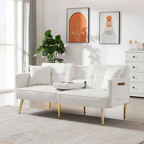 Sofá cama tipo futón convertible de 69 pulgadas, 2 portavasos de terciopelo moderno con patas de metal, bolsillo lateral, sofá biplaza tapizado
