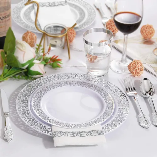 Miniatura 9 de supernal 100 platos de plástico plateado 10.25 para fiesta grande, platos de plástico blanco con borde plateado, platos desechables resistentes