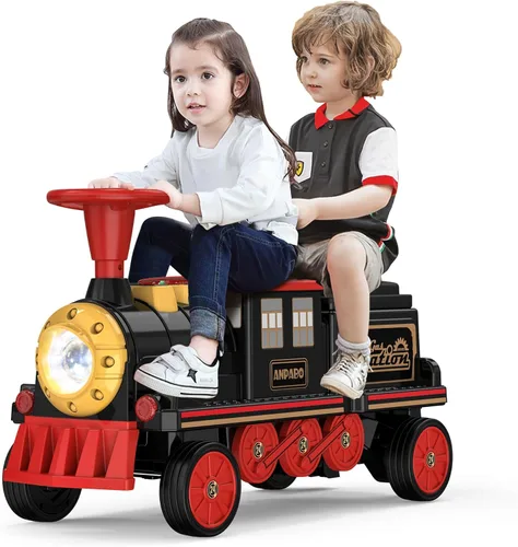 ANPABO - Tren de montar de 2 plazas sin pista, coche eléctrico de 12 V para niños con asiento de altura ajustable, almacenamiento extra, faro, Rojo