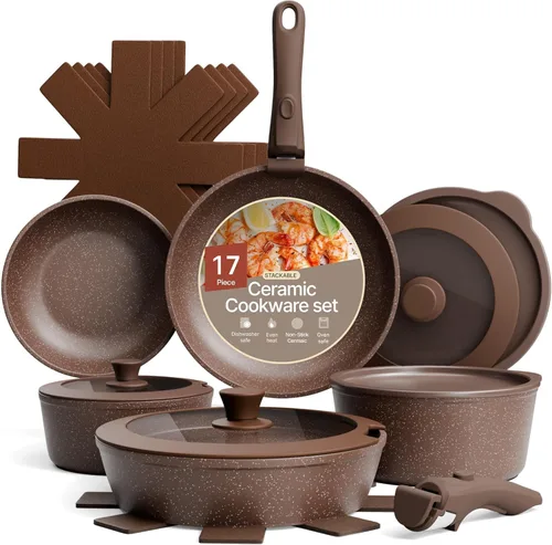 Miniatura 11 de Juego de ollas y sartenes antiadherentes de cerámica de granito – 15 piezas de utensilios de cocina con asas desmontables, apilables, ahorro