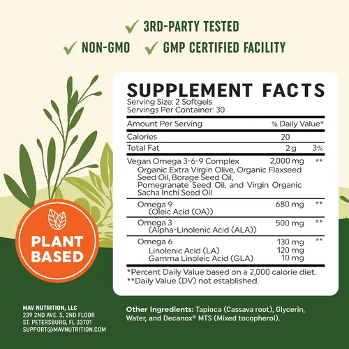 Miniatura 6 de Suplementos veganos de Omega 3 6 9 Mezcla de Omega 369 triple a base de plantas de 2000 mg Apoyo para la salud del corazón, el cerebro, la piel