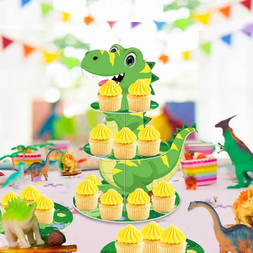 Miniatura 8 de Soporte de 3 niveles para cupcakes de dinosaurio, decoración de fiesta, soporte para cupcakes de dinosaurio de Anberky con forma de dinosaurio