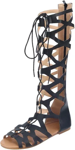 Aniywn Sandalias para mujer, sandalias de gladiador altas hasta el muslo, sandalias planas con cordones y puntera abierta, sandalias con tiras hasta