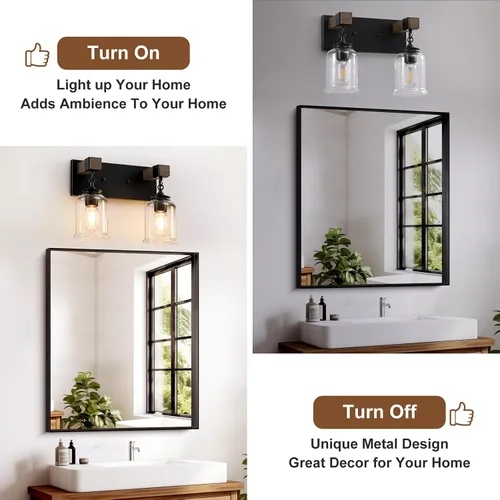 Miniatura 6 de VbiTmn Accesorios de Iluminación para Baño Estilo Granja, Lámpara de Tocador para Baño de 2 Luces Negro Mate, Estilo Industrial con Pantallas