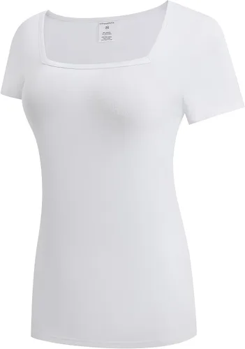Miniatura 2 de OThread & Co. Camiseta de manga corta para mujer, cómoda, cuello cuadrado, capa elástica básica