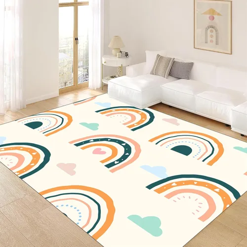 Miniatura 10 de Alfombras suaves de arco iris para dormitorio de niña, alfombras coloridas y peludas, alfombras de juego para niños, estampado de nube blanca, arco